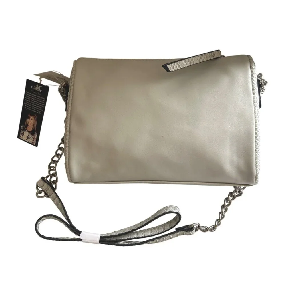 Nicole Miller Faux Snakeskin “Tess” Gray Crossbody Bag With Chain Strap